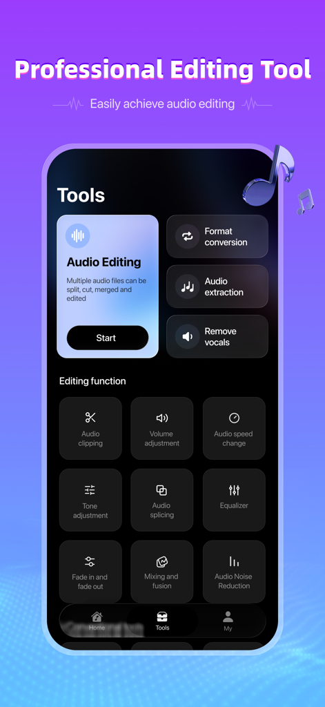 Captura de pantalla de la aplicación AudioSnap que muestra herramientas profesionales de edición de audio que incluyen mezcla de clips y reducción de ruido