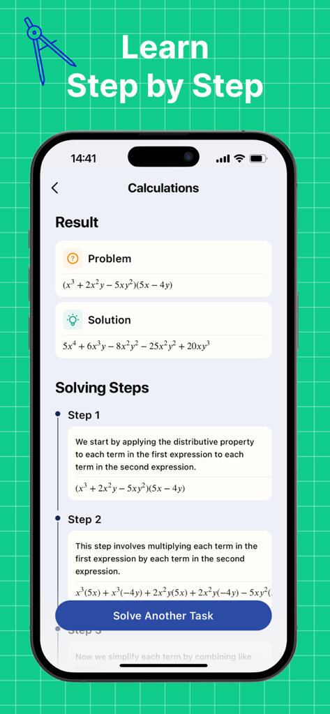 A mobile phone screen showing a step-by-step algebraic solution in the Math Solver AI app