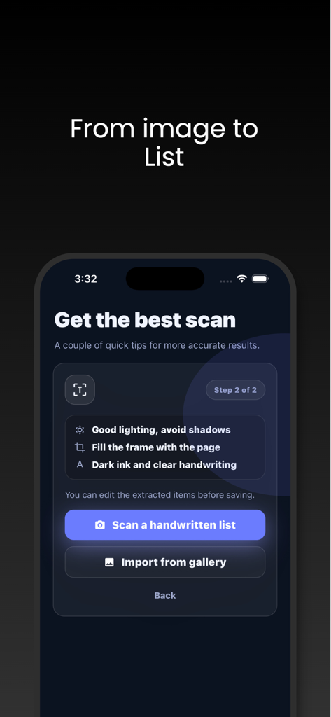 Simple AI Checklist ToDo List - Simple AI Checklist app interface with instructions for scanning handwritten lists using OCR.
