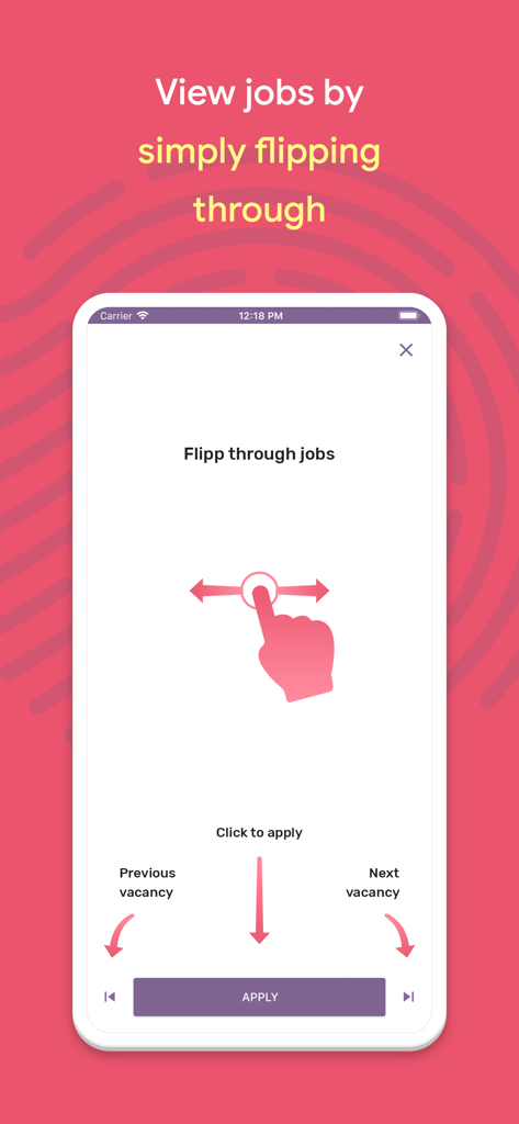 Interfaccia dell'app Jobsora che mostra lo scorrimento per cercare offerte di lavoro e il pulsante di candidatura.