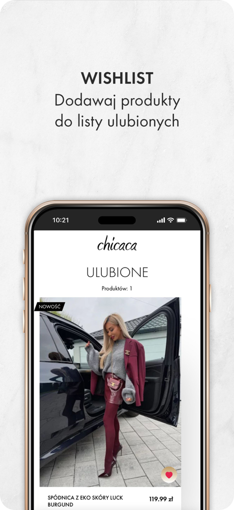 Chicaca.pl - Chicaca fashion app wishlist showing a stylish burgundy outfit