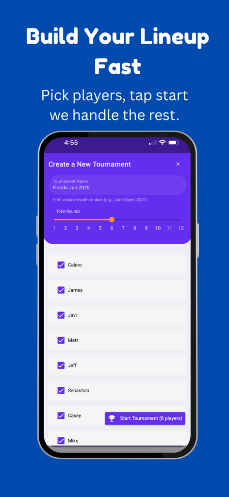 Pickleball tournament creation screen in the DinkDrop app with player selection list