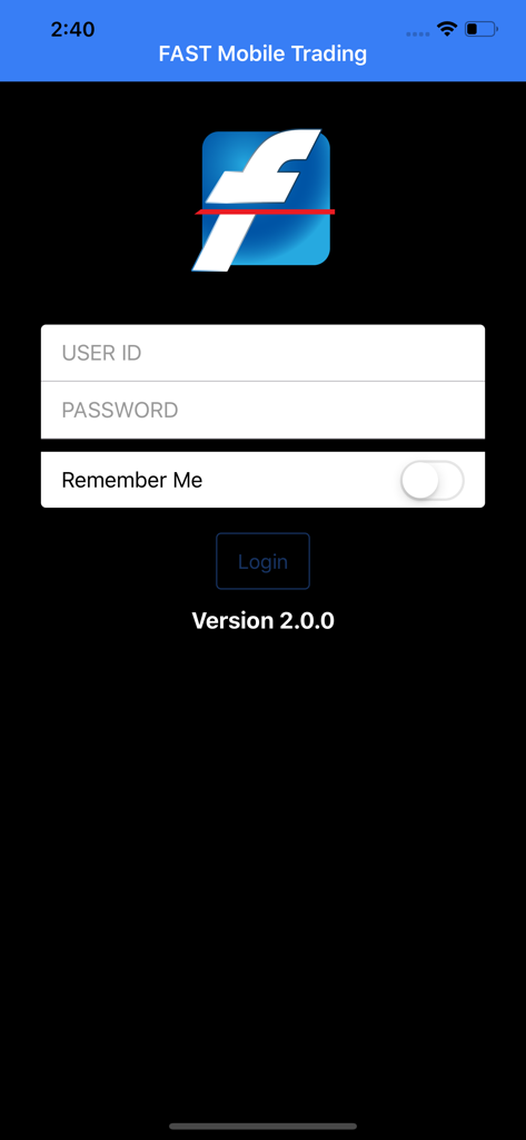 First Asia (Fast) - Login interface for First Asia Fast mobile trading app with user ID and password fields