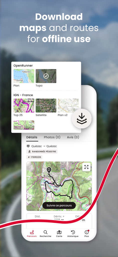 OpenRunner – Bike, hike, trail - OpenRunner app interface showing options to download topographic maps and routes for offline use