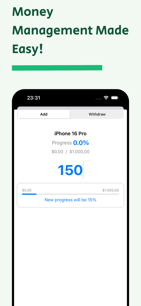 MoneyBox - Smart Savings - MoneyBox app interface showing progress towards a savings goal for an iPhone
