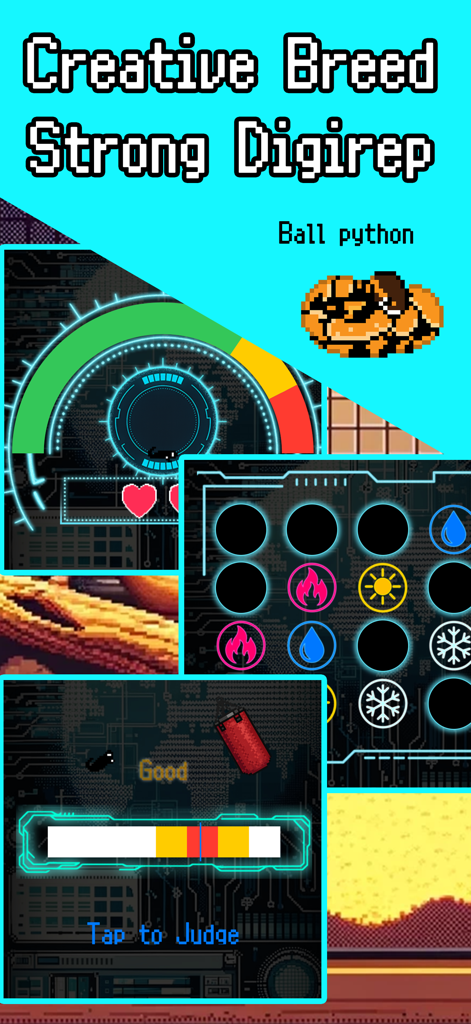 Pet Evolution – DigiReptile - Pixel art interface of Pet Evolution DigiReptile showing a ball python and training mini-games.