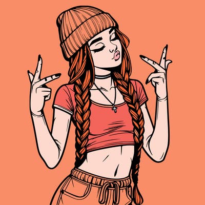 realistic teenage girl with braids and a beanie and crop top doing 🫶🏼