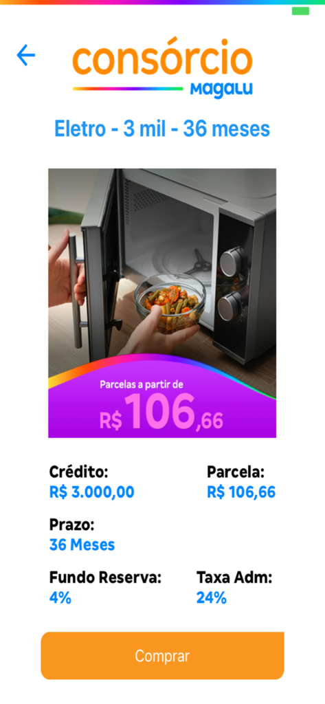 Captura de tela do aplicativo Consórcio Magalu mostrando detalhes de um plano de 36 meses para eletrônicos.