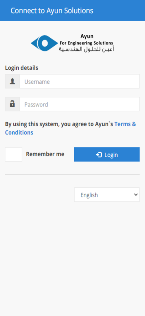 Login screen for Ayun GPS Server fleet management app showing username and password fields
