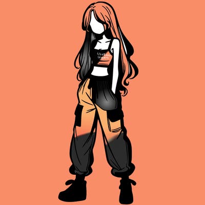 girl in baggy pants crop top and long hair