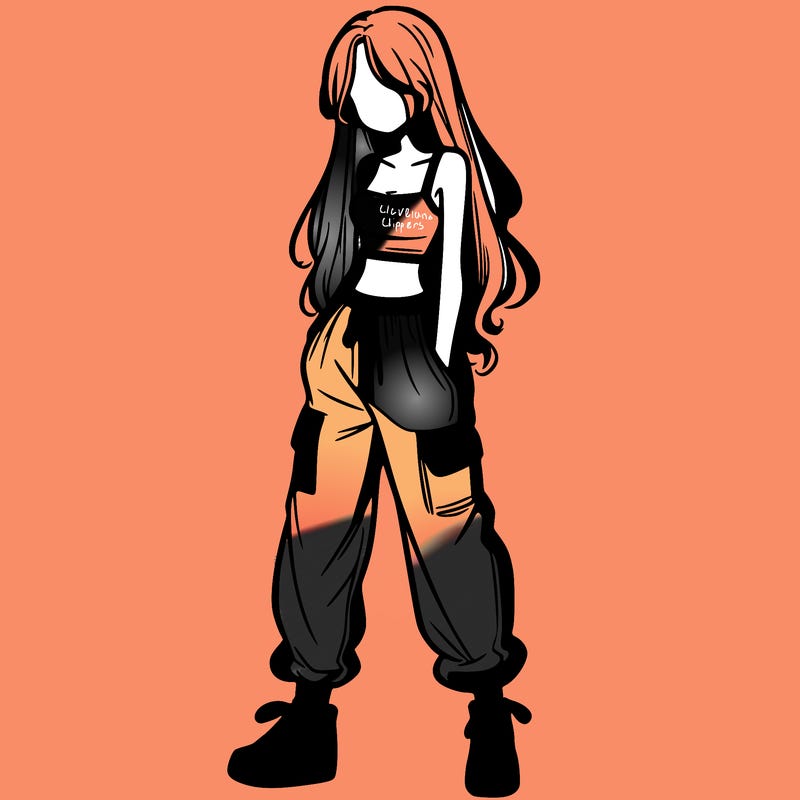 girl in baggy pants crop top and long hair