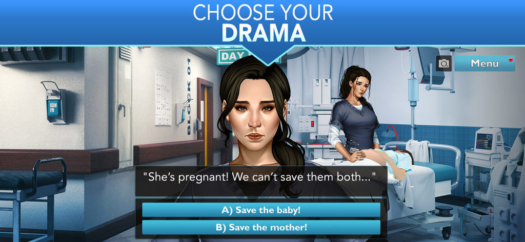 Is It Love? Blue Swan Hospital - Eine hochriskante medizinische Dramaszene im Blue Swan Hospital, in der die Spieler zwischen der Rettung einer Mutter oder ihres Babys wählen müssen.