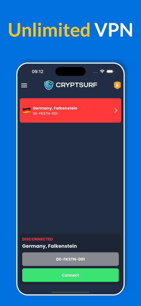 CryptSurf: Fast & Secure VPN - Interfaz de la aplicación CryptSurf en iPhone mostrando un botón de conexión de un solo toque y la ubicación del servidor en Alemania