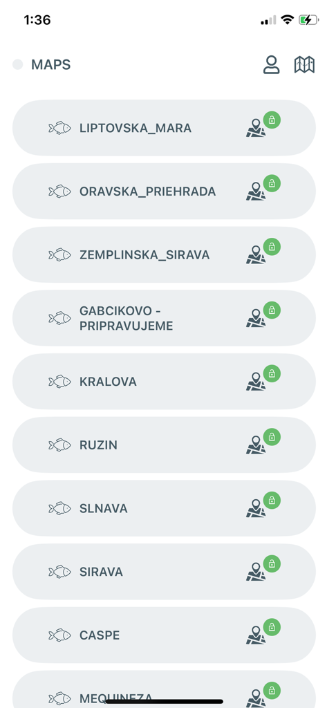 Fishing Maps - Liste der verfügbaren Angelkarten für Stauseen und Seen in der Slowakei und Spanien, die Premium-gesperrte Inhalte zeigt