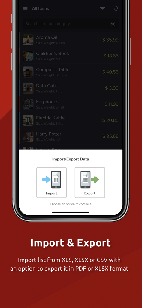 Make Price List & Invoice - Uno schermo che mostra le opzioni di importazione ed esportazione dei dati per un listino prezzi dell'inventario