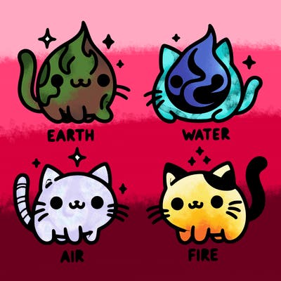 4 cats that represent the different elements, earth, water, air, and fire