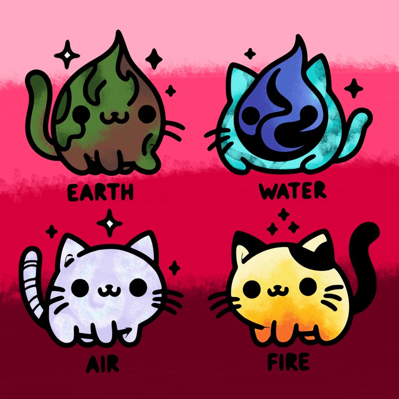 4 cats that represent the different elements, earth, water, air, and fire