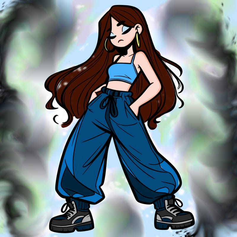 girl in baggy pants crop top and long hair