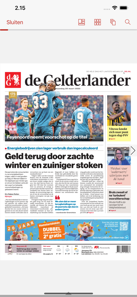 A digital replica of the front page of De Gelderlander newspaper on a mobile screen