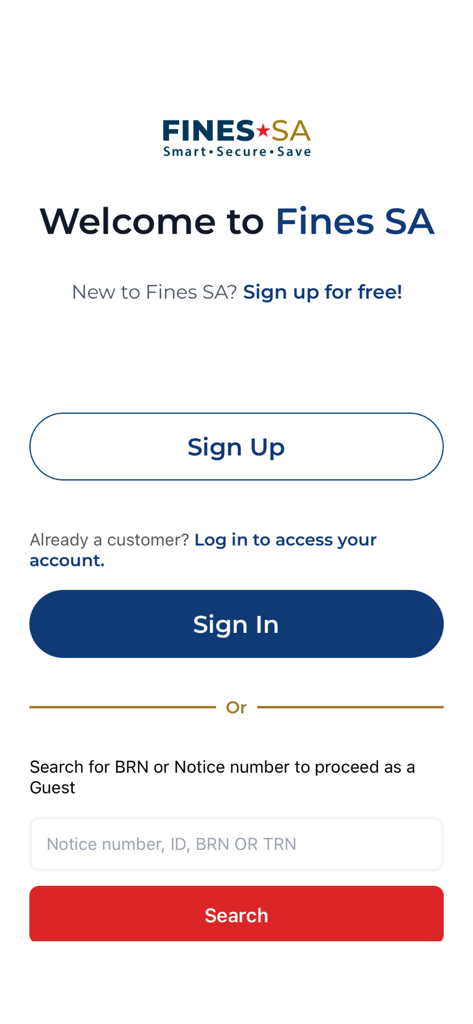 Welcome screen of the Fines SA app featuring login, signup, and guest fine search options