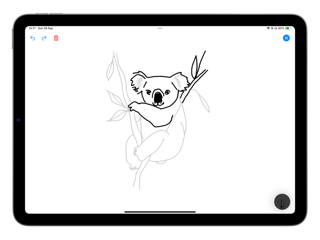 Trace Drawing - Un boceto digital de un koala siendo calacado en la aplicación Trace Drawing en un iPad