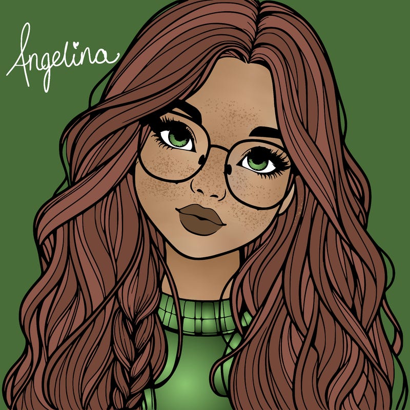 girl with long hair and freckles and glasses realistic