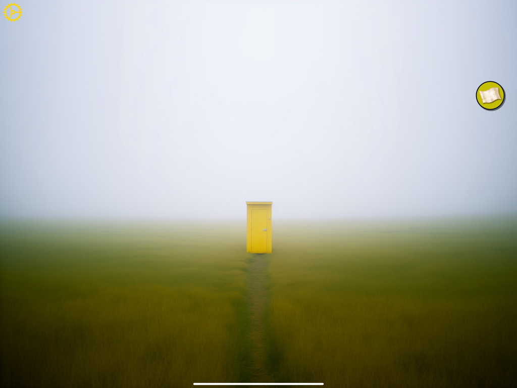 The Backrooms - Uma porta amarela solitária em pé em um campo verde enevoado em The Backrooms adventure game