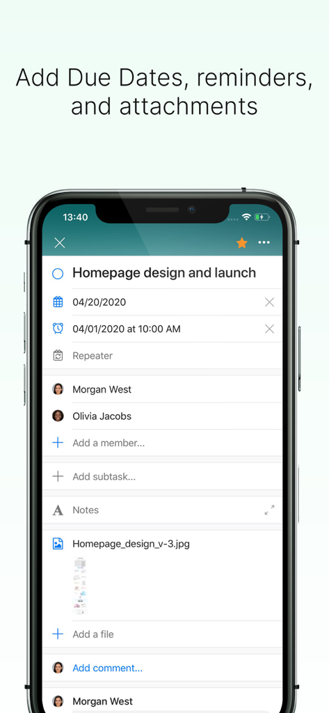 Interface of Zenkit To Do app showing task details with due dates, reminders, and file attachments