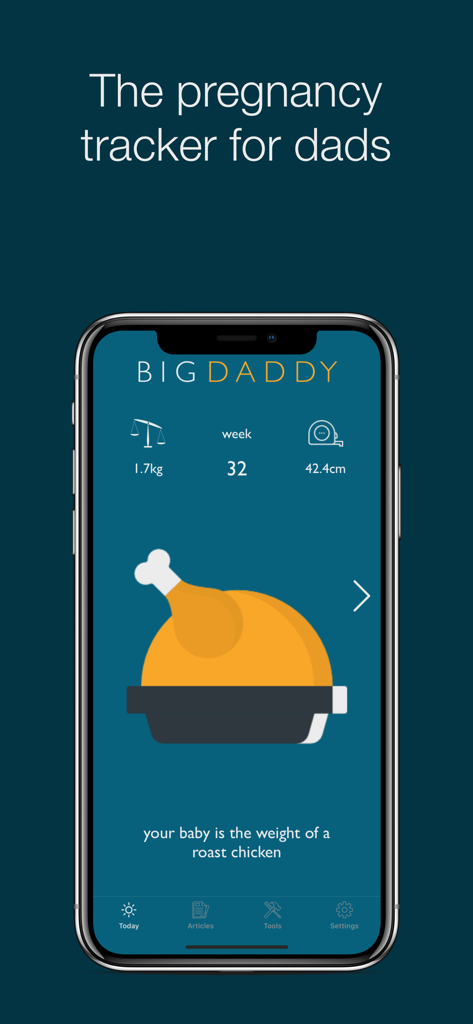Big Daddy: Pregnancy Tracker - A screenshot of the Big Daddy pregnancy tracker app for dads showing baby weight compared to a roast chicken at week 32.