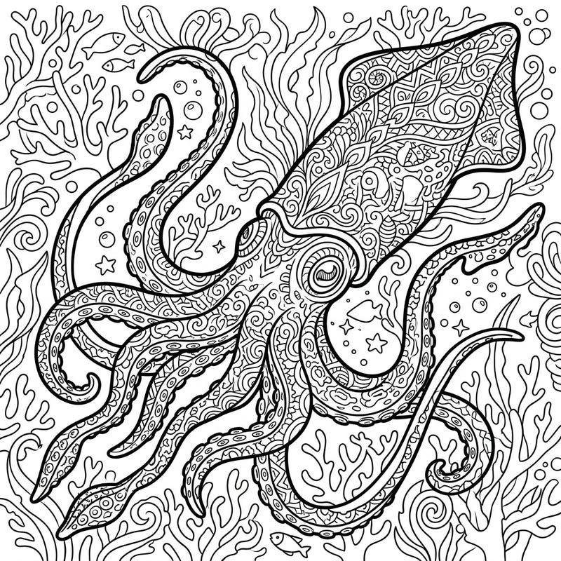 Embark on an oceanic journey with this mesmerizing Humboldt Squid adult coloring page. Its complex patterns and detailed underwater scene offer a unique challenge for experienced colorists seeking stress relief.