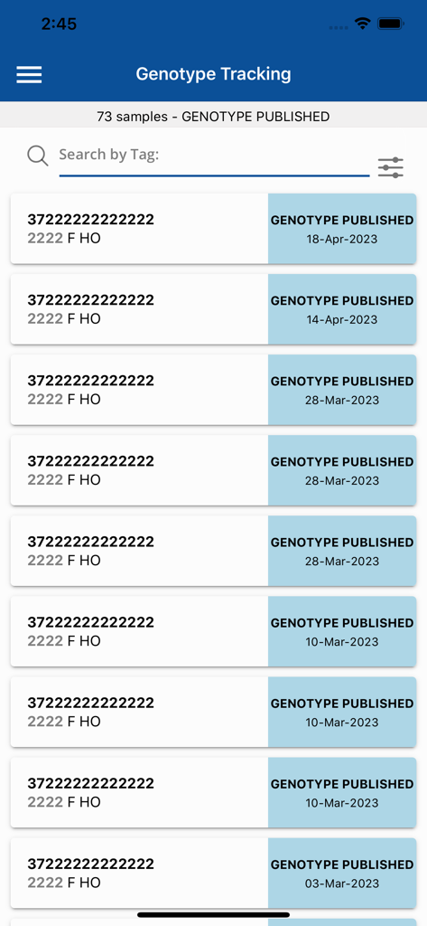 ICBF HerdPlus - Pantalla de seguimiento de genotipos en la aplicación ICBF HerdPlus que enumera las muestras de ganado con estados publicados y fechas.