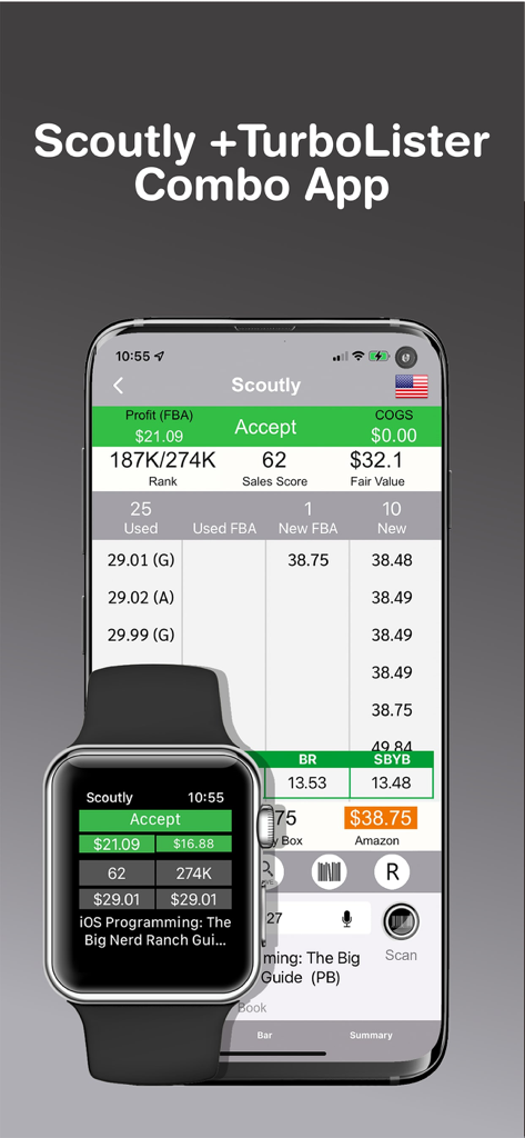 Interfaz de la aplicación Scoutly en iPhone y Apple Watch mostrando datos de beneficios y rango de ventas de Amazon FBA