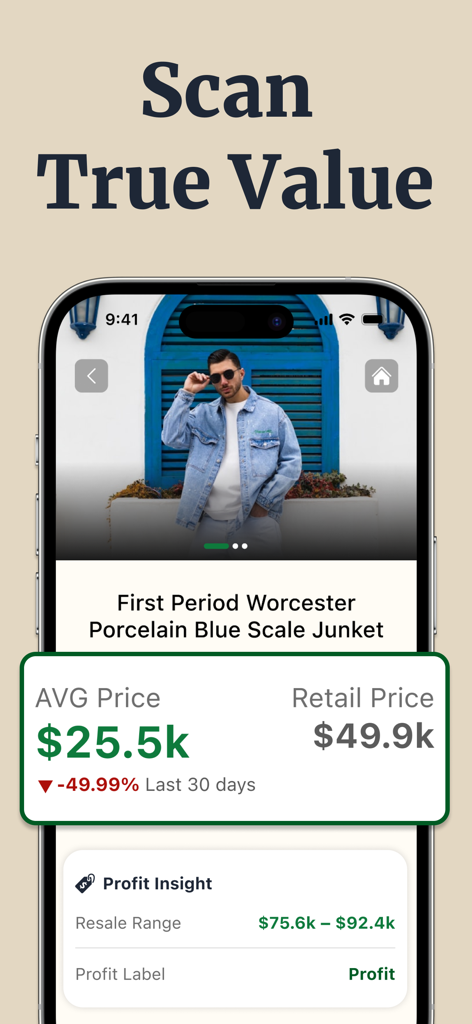 Thrift AI Profit Identifier - Mobile screen of Thrift AI app showing item value analysis with average and retail price insights