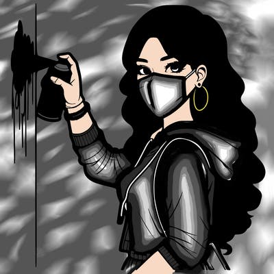 realistic girl with mask spray painting a wall
