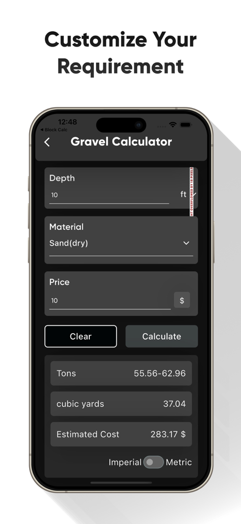 Mobile app interface for calculating gravel and sand quantities and costs