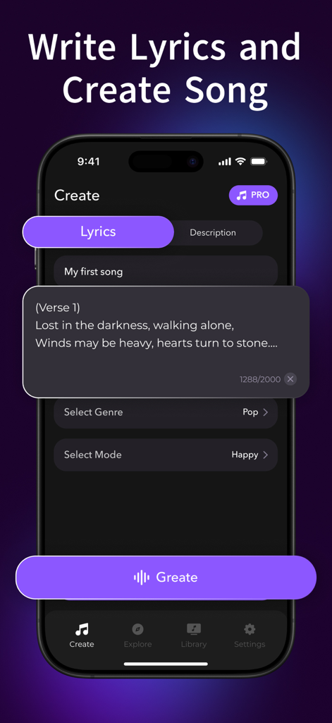 AI RAP - song generator - Interface do aplicativo móvel AI RAP mostrando uma tela para escrever letras e selecionar o gênero musical para criar uma música