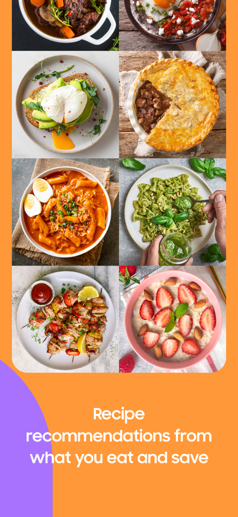 Collage of diverse food dishes illustrating personalized recipe recommendations in the Samsung Food app