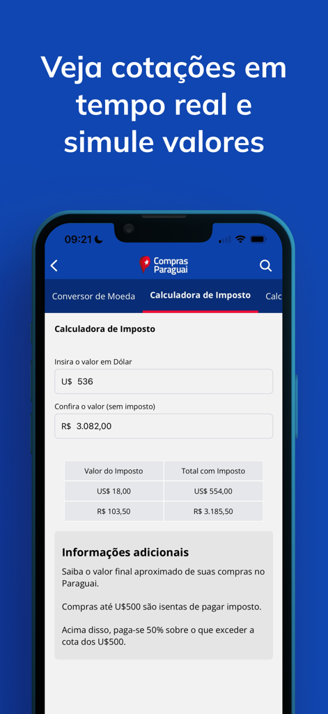 Compras Paraguai - Pantalla de aplicación móvil mostrando una calculadora de impuestos con conversión de divisas entre dólares estadounidenses y reales brasileños para compras en Paraguay