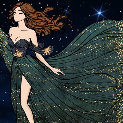 realistic woman in dress flowing the the wind