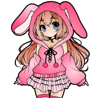 pretty anime girl wearing a fluffy hoodie with bunny ears on the hood and a skirt