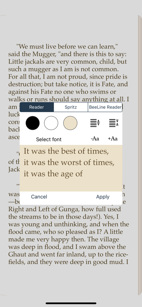 ReadMe! (BeeLine & Focus) - ReadMe app interface showing the reader settings menu with options for font size, background color, and specialized reading modes like BeeLine and Spritz