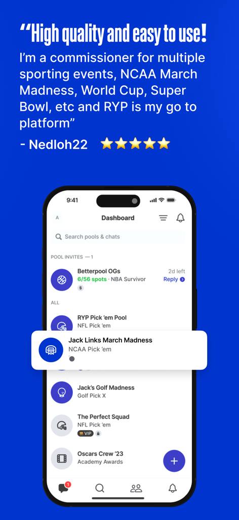 RunYourPool - Panel de la aplicación móvil RunYourPool mostrando múltiples quinielas deportivas y un testimonio de usuario de cinco estrellas