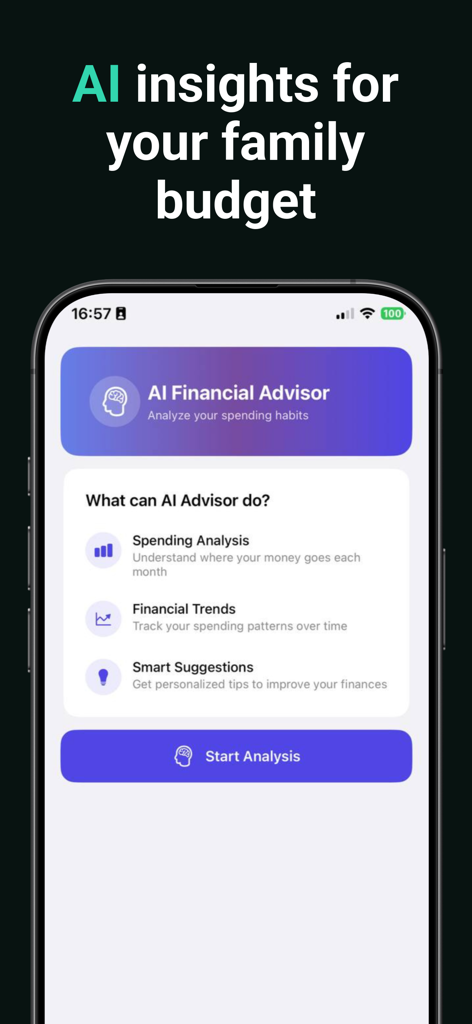 WeCount · Family Shared Budget - Pantalla de la aplicación WeCount que muestra el Asesor Financiero de IA para obtener información sobre el presupuesto familiar y análisis de gastos