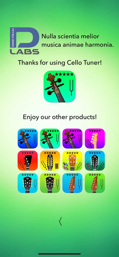 Cello Tuner Professional - Una cuadrícula de varias aplicaciones de afinador de instrumentos musicales desarrolladas por Daikyouju Labs.