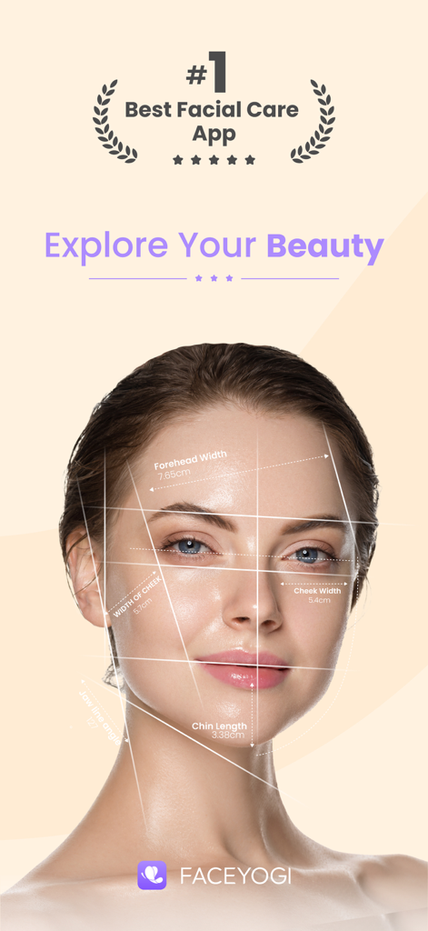 FaceYogi - Face Yoga, Massage - 女性の顔に、FaceYogiアプリでの顔分析の一部として、額、頬、顎のデジタル測定線が表示されている様子。