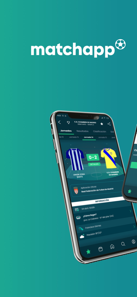Un teléfono móvil mostrando la interfaz de Matchapp con resultados de fútbol y detalles de partidos de ligas regionales