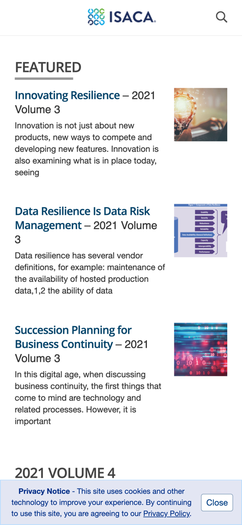 ISACA Journal - Una lista de artículos profesionales destacados sobre resiliencia de TI y gestión de riesgos de datos en la interfaz de la aplicación ISACA Journal