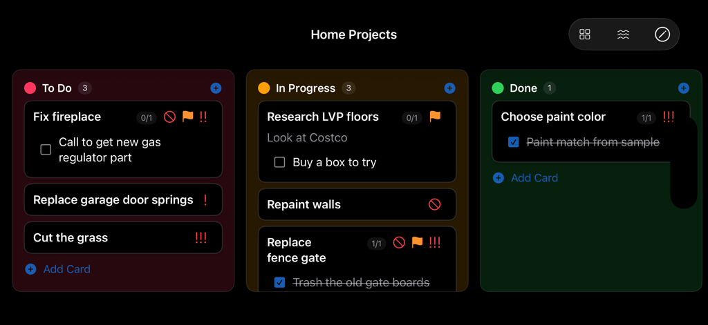 My Task Board - To Do Tracker - Eine Kanban-Aufgabenboard-Oberfläche mit den Spalten Zu erledigen, In Bearbeitung und Erledigt