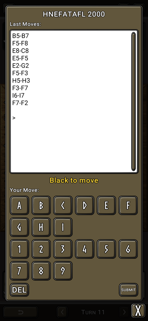 Interfaz del juego Hnefatafl mostrando el historial de movimientos y un teclado de entrada de coordenadas