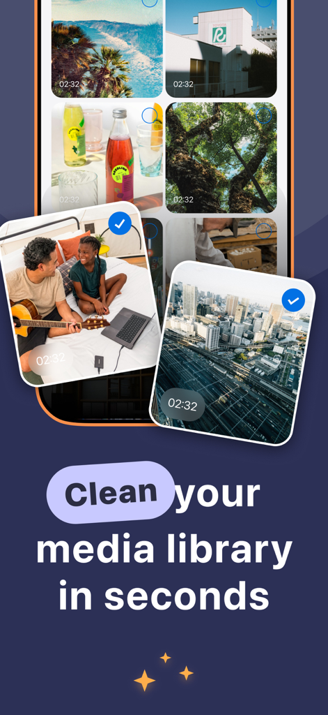 A screenshot of the Wipy app interface showing its media library cleaning feature with selected photos and descriptive text.